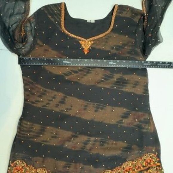 Vintage Beaded Sequined Sheer Tunic Top Size XL Black Multi Split‎ Tie Sleeves - Picture 12 of 14